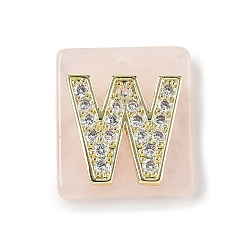 Letter W Природного розового кварца подвески, прямоугольные подвески с латунной микропаве прозрачной кубической циркониевой буквой, реальный 18 k позолоченный, долговечный, стойки покрытие, Буква W, 21x18x5 мм, отверстие : 1.4 мм