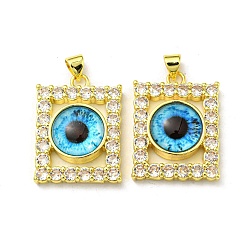 Deep Sky Blue Real 18K Gold Plated Brass Pendants, with Glass and Acrylic, Rectangle with Evil Eye Charms, Deep Sky Blue, 27x20x7mm, Hole: 4.5x4mm