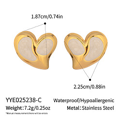 Белый Серьги-гвоздики в форме сердца из нержавеющей стали, реальный 18 k позолоченный, с эмалью, белые, 18.7x22.5 мм
