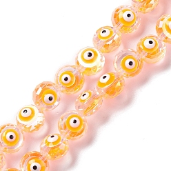 Orange Transparent Evil Eye Glass Beads Strands, with Enamel, Faceted, Flat Round, Orange, 10x8~8.5mm, Hole: 1.4mm, about 40pcs/strand, 14.57''(37cm)
