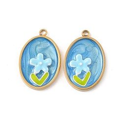 Озёрно--синий 304 нержавеющей стальной эмали подвески, овал с цветочными подвесками, ионное покрытие (ip), реальный 18 k позолоченный, Плут синий, 18.5x12x2.5 мм, отверстие : 1.4 мм