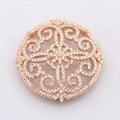 Rose Gold Filigree Flat Round Brass Micro Pave Cubic Zirconia Cabochons, Lead Free & Nickel Free & Cadmium Free, Rose Gold, 36x10mm