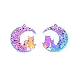 Rainbow Color Ion Plating(IP) 201 Stainless Steel Pendants, Moon with Cat, Rainbow Color, 32.5x29x1.5mm, Hole: 1.5mm