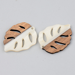 Floral White Opaque Resin & Walnut Wood Pendants, Leaf, Floral White, 37x28x3mm, Hole: 2mm