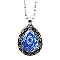 Royal Blue Glass Teardrop with Mandala Flower Pendant Necklace with Ball Chains, Platinum Alloy Jewelry for Women, Royal Blue, 23.62 inch(60cm)