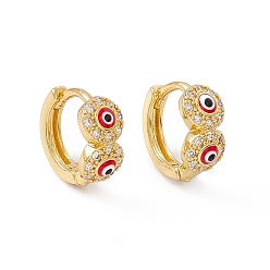 Red Clear Cubic Zirconia Evil Eye Hoop Earrings with Enamel, Real 18K Gold Plated Brass Jewelry for Women, Lead Free & Cadmium Free, Red, 11.5x12.5x5.5mm, Pin: 1mm