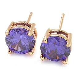 Фиолетовый Серьги-гвоздики из латуни с плоским круглым покрытием из кубического циркония, шампанское золото, долговечный, фиолетовые, 8x8 мм