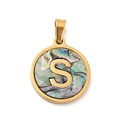 Letter S Vacuum Plating 304 Stainless Steel with Paua Shell Pendants, Golden, Flat Round with Letter Charm, Letter.S, 18x16x1.5mm, Hole: 3x6mm