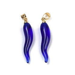 Midnight Blue Handmade Lampwork with Brass Pendants, Horn of Plenty Charms, Midnight Blue, 26.5x6.5x6.5mm, Hole: 5x3.5mm