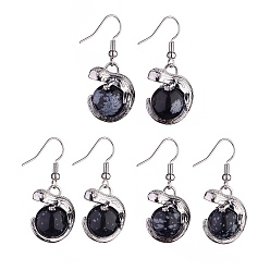 Snowflake Obsidian Natural Snowflake Obsidian Chameleon Dangle Earrings with Crystal Rhinestone, Platinum Brass Jewelry for Women, 39mm, Pin: 0.7mm
