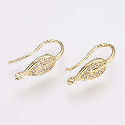 Golden Brass Micro Pave Cubic Zirconia Earring Hooks, with Horizontal Loop, Leaf, Clear, Golden, 21x6mm, Hole: 1.5mm, 20 Gauge, Pin: 0.8mm