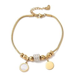 Плоский Круглый Стразы из полимерной глины в европейском стиле и браслеты с подвесками из нержавеющей стали и натуральных ракушек, 201 браслеты-змеи из нержавеющей стали для женщин, ионное покрытие (ip), реальный 304 k позолоченный, плоско-круглые, 18 дюйм (7-5/8 см)