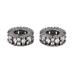 Черный Цвет Металла Латунь микропаве прозрачный кубический цирконий европейский бисер, колесо рондель, бусина с большим отверстием, долговечный, стойки покрытие, без свинца и без кадмия, металлический черный , 10x4 мм, отверстие : 5 мм