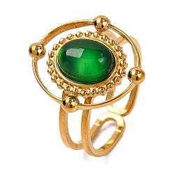 Зеленый агат Овальные перстни из натурального зеленого оникса-агата, золотистый тон 304 открытые манжеты из нержавеющей стали для женщин, овальный : 18x16 mm, внутренний диаметр: регулируемый