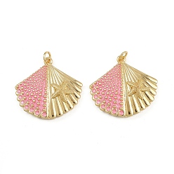 Pink Латунь эмаль подвески, с целью перехода в кольце, форма ракушки с подвеской в виде морской звезды, реальный 18 k позолоченный, стойки покрытие, без свинца и без кадмия, долговечный, розовые, 26x28x5 мм, отверстие : 3 мм