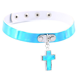 blue color Minimalist Cross Necklace with Glowing Laser Leather Collar for Fashionable Look