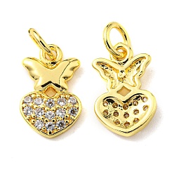 Real 18K Gold Plated Rack Plating Brass Micro Pave Cubic Zirconia Charms, with Jump Ring, Butterfly with Heart, Real 18K Gold Plated, 13x8x2mm, Hole: 3.2mm