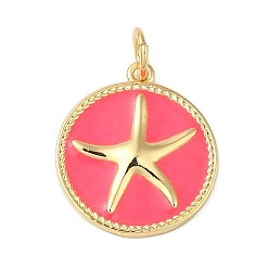 Темно-Розовый Подвески из латуни с эмалью в стойку, с целью перехода в кольце, долговечный, без свинца и без кадмия, реальный 18 k позолоченный, плоская круглая с подвеской в виде морской звезды, темно-розовыми, 17.5x15x1.5 мм, отверстие : 3 мм