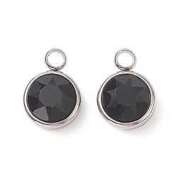 Black Faceted Glass Charms, with 304 Stainless Steel Findings, Flat Round Pendant, Black, 14x10x6.5mm, Hole: 2.5mm