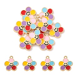 Colorful Alloy Enamel Pendants, Golden, Flower with Smiling Face Charm, Colorful, 15.5x14x2mm, Hole: 1.4mm
