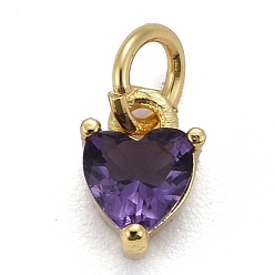 Medium Purple Brass Micro Pave Cubic Zirconia Charms, Long-Lasting Plated, Real 18K Gold Plated, Heart, Medium Purple, 8x5x3.5mm, Hole: 3mm