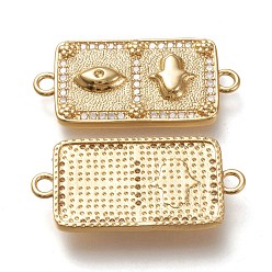 Real 18K Gold Plated Brass Micro Pave Cubic Zirconia Links Connectors, Rectangle with Eye & Hamsa Hand, Clear, Real 18K Gold Plated, 31.5x15x3mm, Hole: 2mm