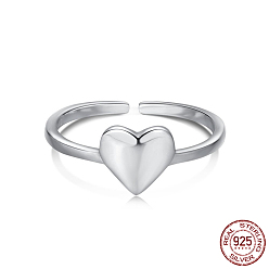 Platinum Rhodium Plated 925 Sterling Silver Open Cuff Rings, with S925 Stamp, Heart, Platinum, Inner Diameter: 17.6mm