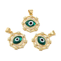 Teal Handmade Evil Eye Lampwork Pendants, with Brass Cubic Zirconia Finding, Cadmium Free & Lead Free, Real 18K Gold Plated, Flat Round Charm, Teal, 20.5x17.5x3.3mm, Hole: 3x4.3mm