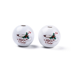 Drink Coffee Theme Printed Wooden Beads, Christmas, Round, White, Drink Pattern, 15.5~16x15mm, Hole: 3.5mm