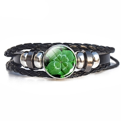 Green Glass Clover Braided Bead Bracelet, PU Leather Triple Layered Bracelet for Women, Green, 7-1/2~11 inch(19~28cm)