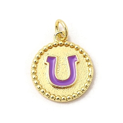 Фиолетовый Латунь эмаль подвески, плоские круглые подвески с подковами, реальный 18 k позолоченный, с целью перехода в кольце, без свинца и без кадмия, долговечный, стойки покрытие, фиолетовые, 17.5x15x2 мм, отверстие : 3.4 мм