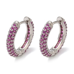 Фуксиновый Латунные микро проложить серьги обруча кубического циркония, без кадмия и без свинца, долговечный, стойки покрытие, платина, красно-фиолетовые, 16.5x17x3.5 мм