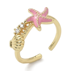 Фламинго Латунные микро проложить манжеты кольца кубического циркония, морская звезда и форма раковины, с эмалью, долговечный, стойки покрытие, без свинца и без кадмия, реальный 18 k позолоченный, фламинго, 10.5 мм