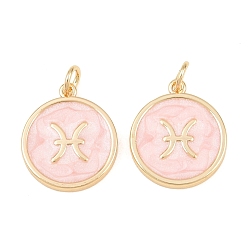 Pisces Brass Enamel Pendants, Flat Round & Constellation Charms, Rack Plating, Long-Lasting Plated, Cadmium Free & Lead Free, Golden, Pisces Charms, 17.5x15x2mm, Hole: 3mm