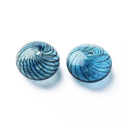 Steel Blue Transparent Handmade Blown Glass Globe Beads, Stripe Pattern, Flat Round, Steel Blue, 11~13x19~20mm, Hole: 1~2mm