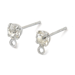 Platinum Brass Stud Earring Findings, with Rhinestone and 925 Sterling Silver Pin, with Horizontal Loops, Platinum, 6.5x4mm, Hole: 1mm, Pin: 9x0.8mm