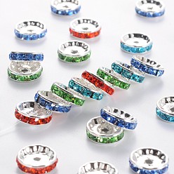Mixed Color Brass Rhinestone Spacer Beads, Grade A, Mixed Color, Rondelle, Nickel Free, Silver Color Plated, about 12mm in diameter, 4mm thick, hole: 2.5mm