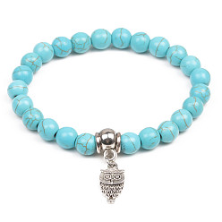 owl Turquoise Beaded Bracelet Set with Cross Pendant - Vintage Natural Stone Jewelry