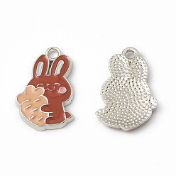 FireBrick Alloy Enamel Pendants, Rabbit with Carrot Charm, Platinum, FireBrick, 21x13.5x2mm, Hole: 2mm