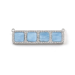 Bleu Ciel Clair Breloques de connecteur en laiton micro pavé de zircone cubique transparente, avec de la résine, rectangle avec des liens carrés, crémaillère plaquage, plaqué longue durée, sans cadmium et sans plomb, platine, lumière bleu ciel, 12x40x3mm, Trou: 1mm