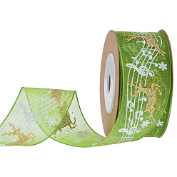 Lawn Green 5M Christmas Theme Polyester Ribbons, Flat Ribbon with Hot Stamping Reindeer and Musical Note Pattern, Garment Accessories, Lawn Green, 1 inch(25mm), about 5.47 Yards(5m)/Roll
