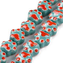 Turquoise Moyen Chapelets de perles en porcelaine manuels, empreintes de pattes de chat, turquoise moyen, 13.5x15x10mm, Trou: 1.5mm, Environ 25 pcs/chapelet, 12.99'' (33 cm)