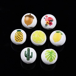 Others Summer Theme Printed Wooden Beads, Round, Mixed Color, Summer Themed Pattern, 15.5~16x15mm, Hole: 3.5mm