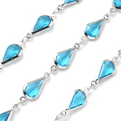 Темно-Голубой Латунные стеклянные каплевидные звенья цепи, с катушкой, долговечный, пайки, без свинца и без кадмия, стойки покрытие, платина, глубокое синее небо, 16.5x7x2.5 мм