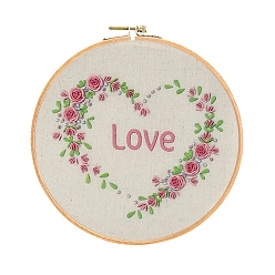 Word Embroidery Starter Kits, including Embroidery Fabric & Thread, Needle, Instruction Sheet, Love Heart & Rose for Valentine's Day, Word, 270x270mm