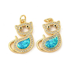 Real 18K Gold Plated Brass Micro Pave Cubic Zirconia with Synthetic Opal Pendants, with Jump Ring, Cat, Real 18K Gold Plated, 21x17x3mm