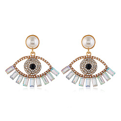 white Exaggerated Devil Eye Pearl Earrings - Alloy Inlaid Colorful Diamond Ear Pendants