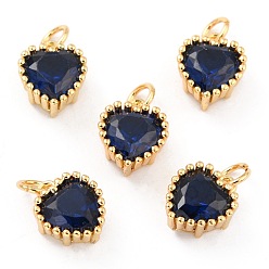Dark Blue Real 18K Gold Plated Brass Inlaid Cubic Zirconia Charms, with Jump Ring, Long-Lasting Plated, Heart, Dark Blue, 8.5x7x4mm, Jump Ring: 4x0.5mm, 2.5mm Inner Diameter