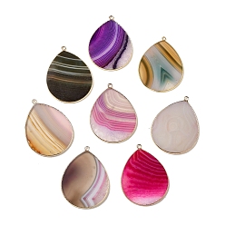 Mixed Stone Natural Agate Pendants, with Brass Findings, Teardrop, Golden, Mixed Color, Dyed & Heated, 41~41.5x32x2mm, Hole: 1.5mm