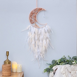 White Moon with Tree of Life Natural Red Agate Chips Woven Web/Net with Feather Decorations, Home Decoration Ornament Festival Gift, White, 160mm